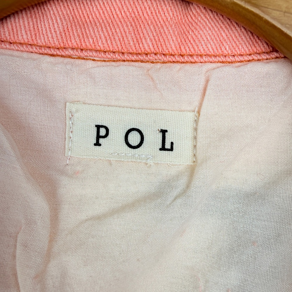 POL Denim Jacket Womens Large Peach Distressed Sequin Love Cropped Frayed - Picture 2 of 8